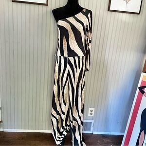 Elysa Suzanne Zebra Animal Print One Shoulder Wide Leg Jumpsuit Vintage